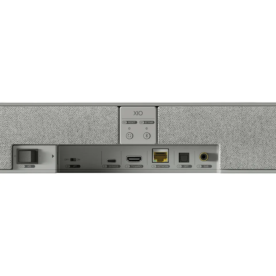 KEF XIO 背板接口：HDMI eARC、光纖、網路、重低音輸出與 IPT 開關