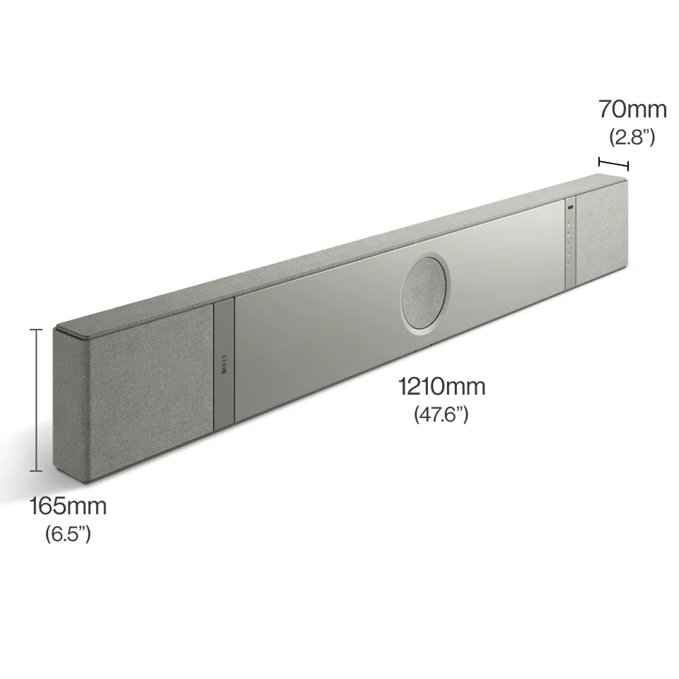 KEF XIO Soundbar 尺寸圖：寬 1210mm、高 70mm、深 165mm