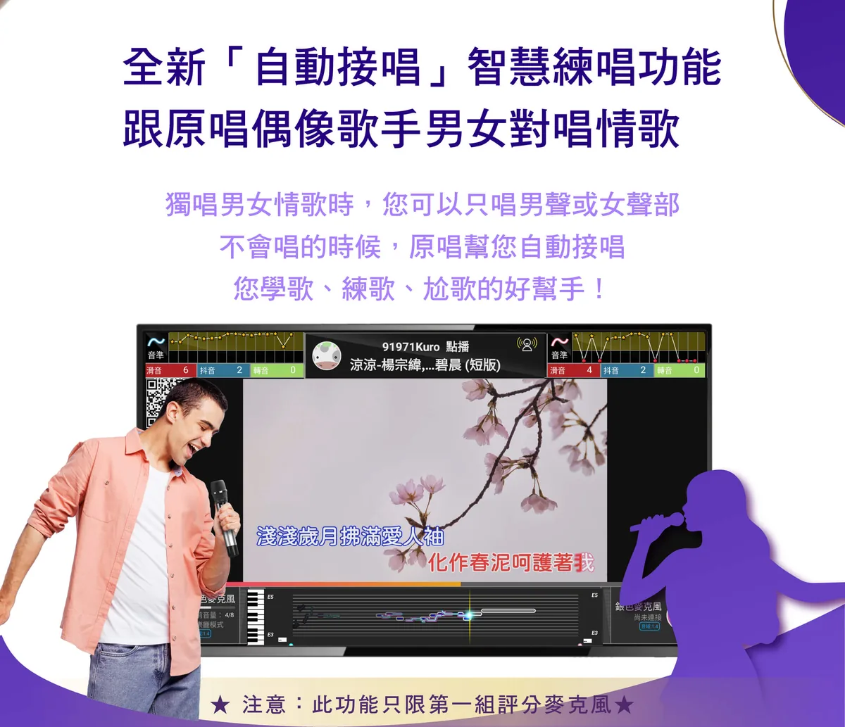 酷樂K歌 自動接唱智慧練唱功能，可只唱男聲或女聲部