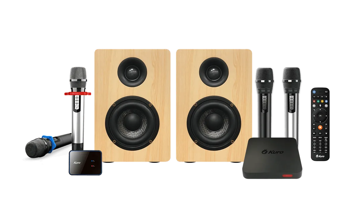 酷樂 CSM-202TB K1M 豪華家庭版全套：TBS-200A 橡木紋K歌喇叭、K1M K歌音效主機、酷樂K歌音效盒、藍牙遙控器、四支無線麥克風