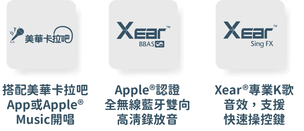 TBM-110 功能：搭配美華卡拉吧App或Apple Music開唱、Apple認證全無線藍牙雙向高清錄放音、Xear專業K歌音效支援快速操控鍵