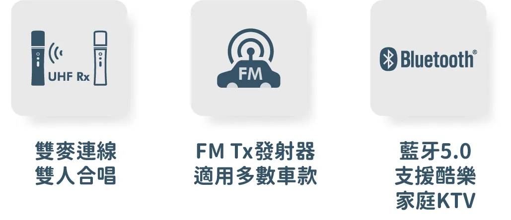 TBM-110 功能：雙麥連線雙人合唱、FM Tx發射器適用多數車款、藍牙5.0支援酷樂家庭KTV
