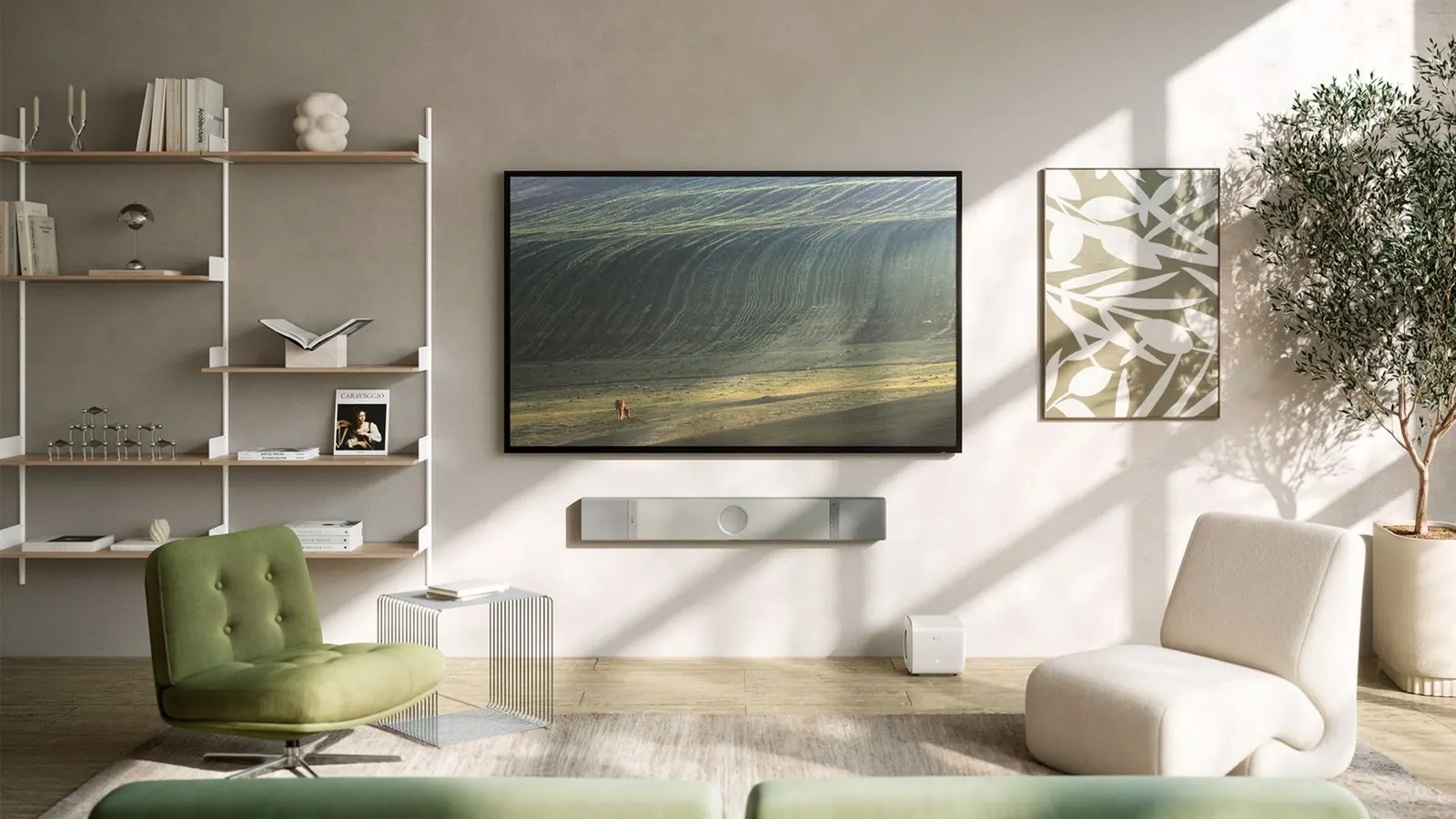 KEF XIO Soundbar 壁掛於電視下方的現代客廳