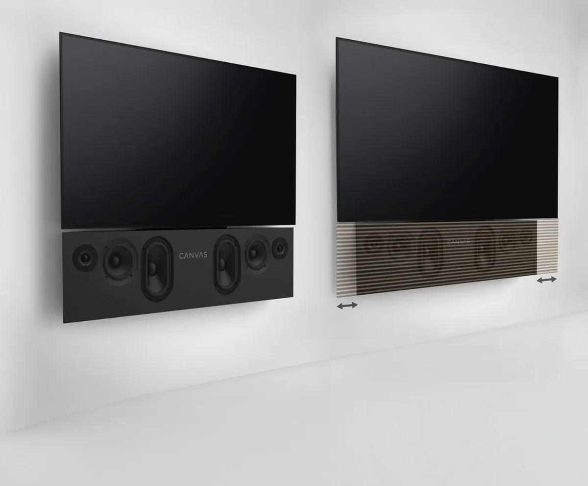 CANVAS HiFi 不同尺寸前網罩寬度比較，對應 55 吋與 65 吋電視